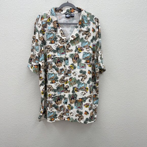 Jurassic Park Universal Studios Dino Print Short Sleeve Button Up Shirt Mens XXL - Picture 1 of 9